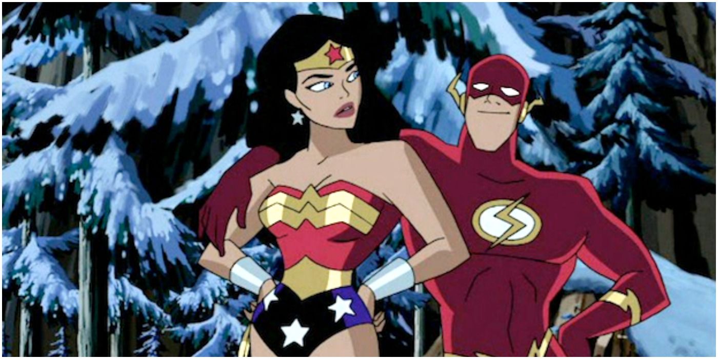 the flash with his arm around wonder woman in justice league animated series