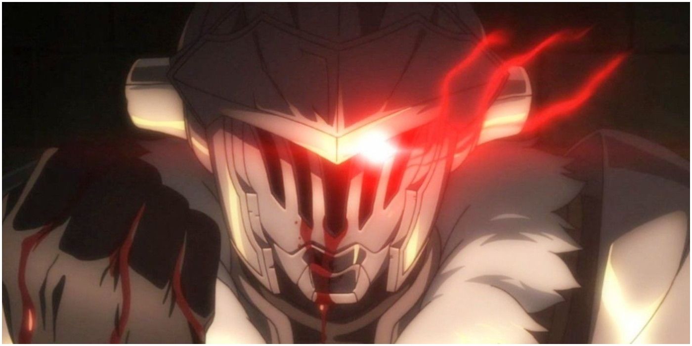 Goblin slayer with glowing red eye