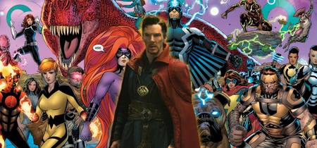 Doctor Strange in front of Inhuman Royal Family comic book art