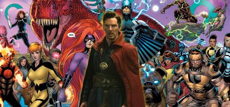 Doctor Strange in front of Inhuman Royal Family comic book art