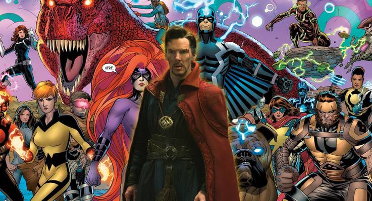 Doctor Strange in front of Inhuman Royal Family comic book art